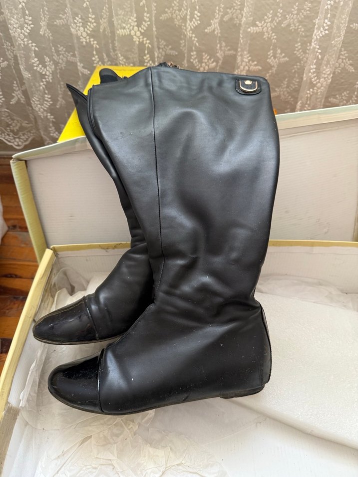 Siyah Deri Fermuarlı Dizüstü İnce Topuklu Çizme - Görsel 2