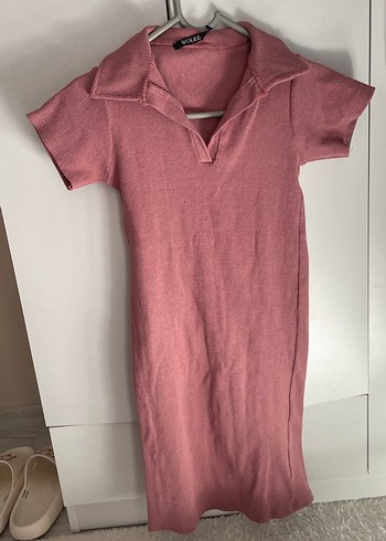 Pembe Örgü Kısa Kollu Midi Elbise