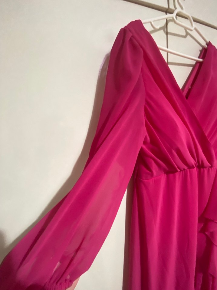 Pembe V Yaka Uzun Abiye Elbise - Görsel 2