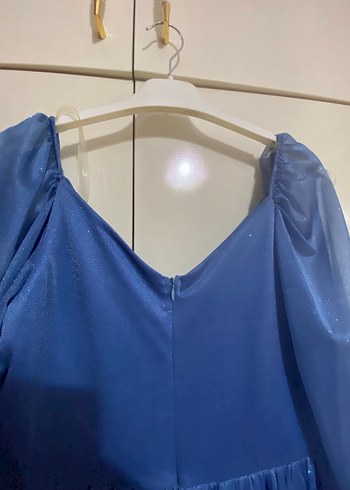 Mavi Midi Drapeli V Yaka Elbise - Görsel 5