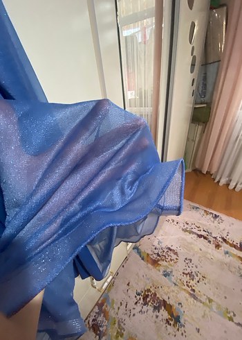 Mavi Midi Drapeli V Yaka Elbise - Görsel 9