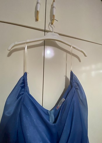 Mavi Midi Drapeli V Yaka Elbise - Görsel 4