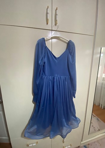 Mavi Midi Drapeli V Yaka Elbise - Görsel 2