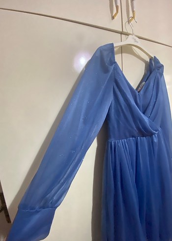 Mavi Midi Drapeli V Yaka Elbise - Görsel 8