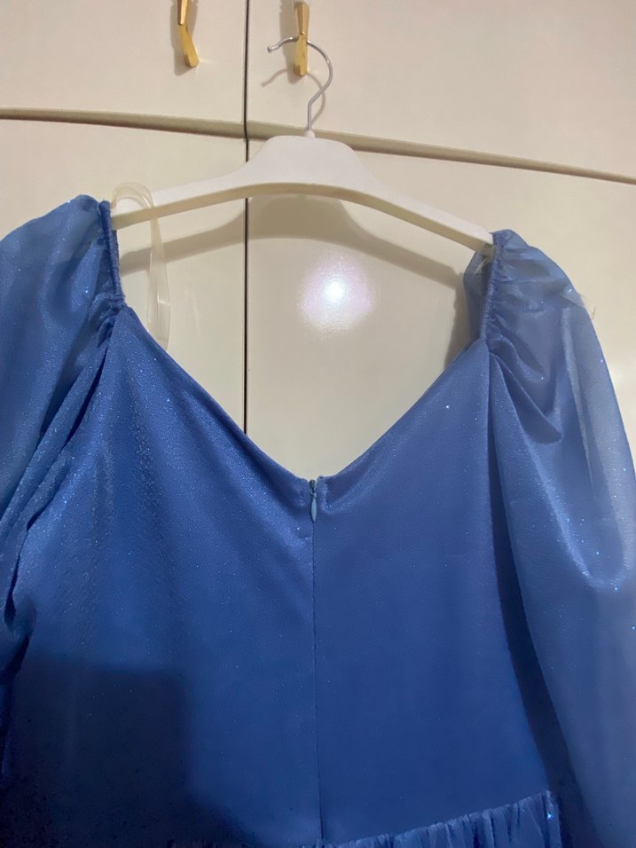 Mavi Midi Drapeli V Yaka Elbise - Görsel 5