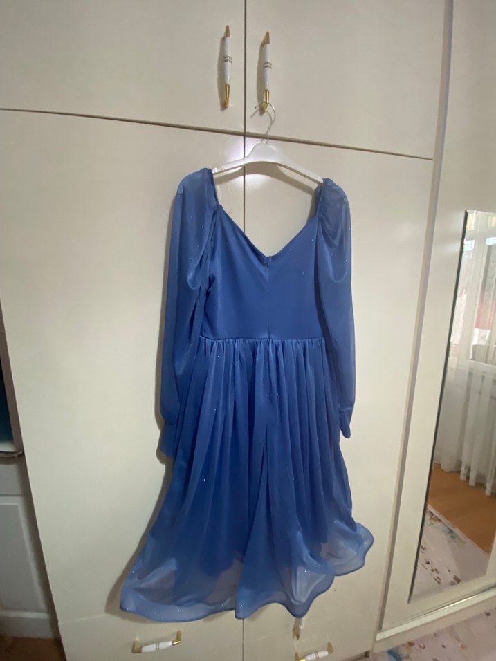 Mavi Midi Drapeli V Yaka Elbise - Görsel 2