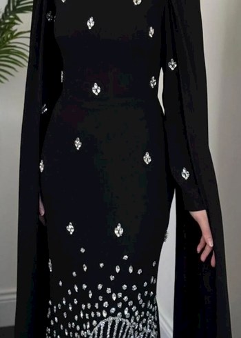 Siyah Uzun Kollu Drapeli Kadın Abiye Elbise - Görsel 3