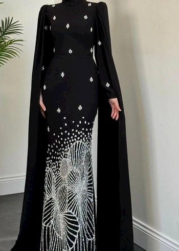 Siyah Uzun Kollu Drapeli Kadın Abiye Elbise - Görsel 2