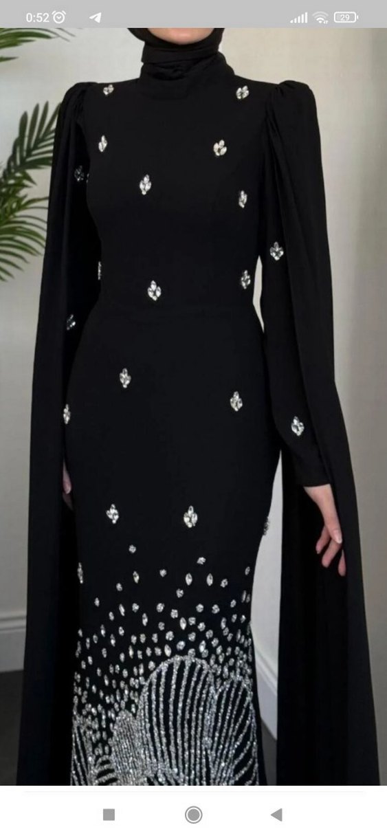 Siyah Uzun Kollu Drapeli Kadın Abiye Elbise - Görsel 3