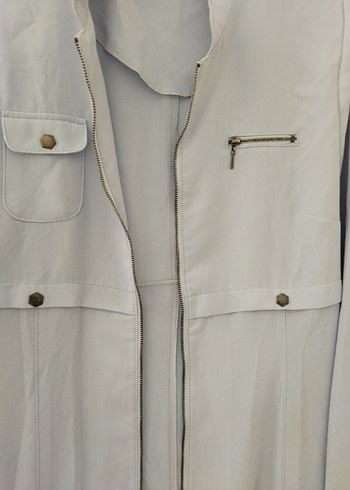 Bej Uzun Düğmeli Kadın Keten Kaban - Görsel 3