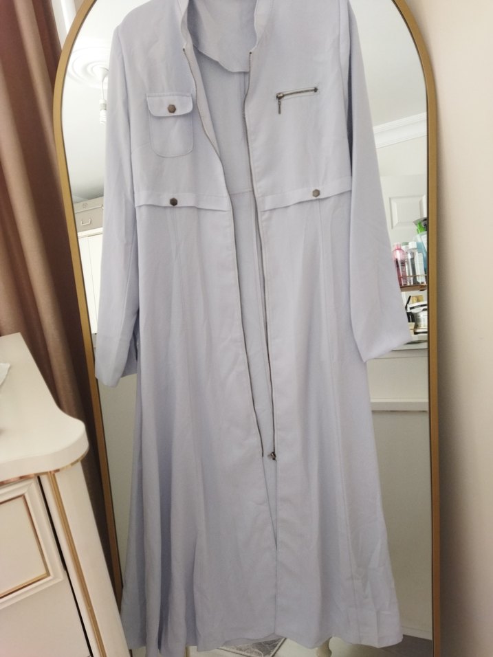 Bej Uzun Düğmeli Kadın Keten Kaban - Görsel 2