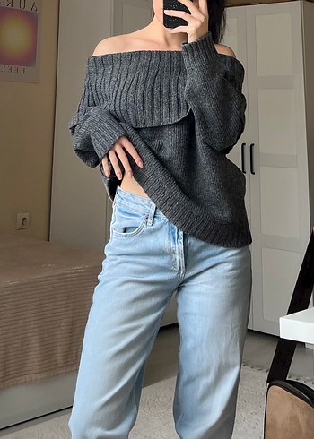 Gri Askılı Örgü Straplez Kazak - Görsel 2