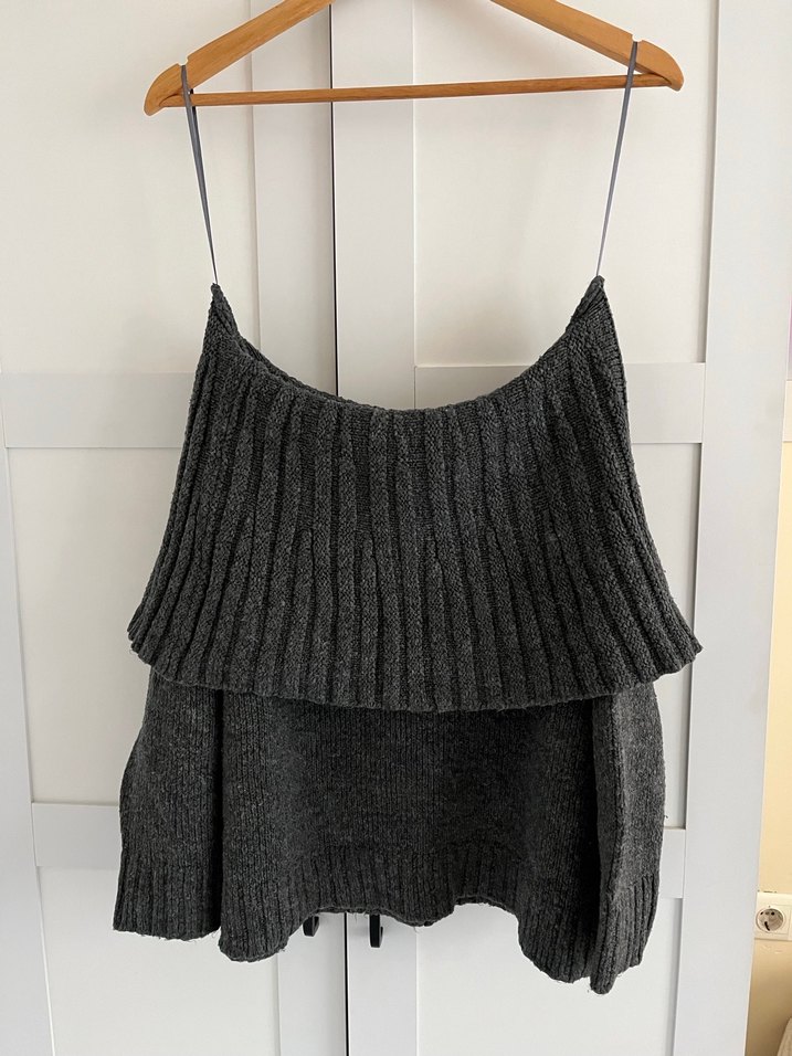 Gri Askılı Örgü Straplez Kazak - Görsel 3