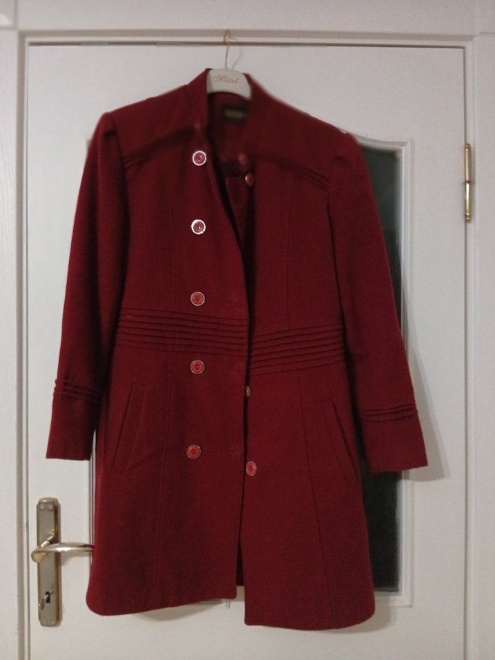 Düğmeli Bordo Kaşe Kadın Kaban - Görsel 2