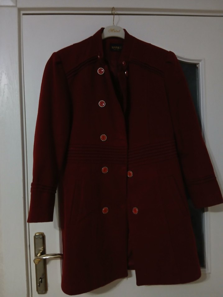 Düğmeli Bordo Kaşe Kadın Kaban - Görsel 4