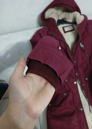 Bordo Kapüşonlu Kadın Mont Kürklü - Görsel 5