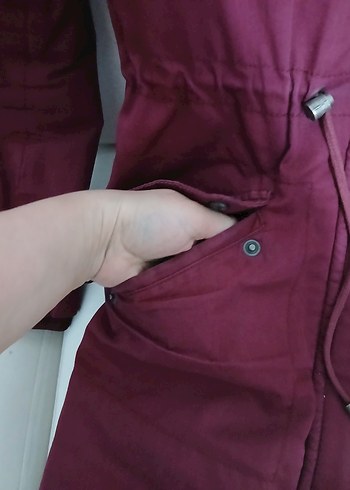 Bordo Kapüşonlu Kadın Mont Kürklü - Görsel 6