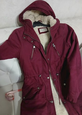 Bordo Kapüşonlu Kadın Mont Kürklü - Görsel 4