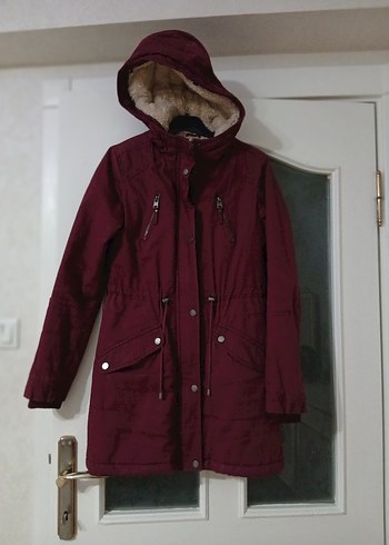 Bordo Kapüşonlu Kadın Mont Kürklü - Görsel 8