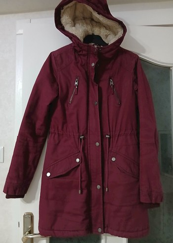 Bordo Kapüşonlu Kadın Mont Kürklü - Görsel 7