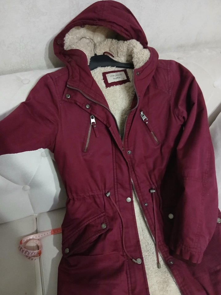 Bordo Kapüşonlu Kadın Mont Kürklü - Görsel 4