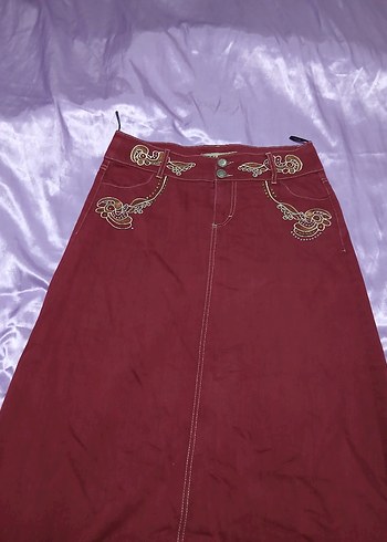 Bordo Nakışlı Bohem Kadın Keten Etek - Görsel 5