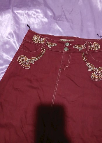 Bordo Nakışlı Bohem Kadın Keten Etek - Görsel 2