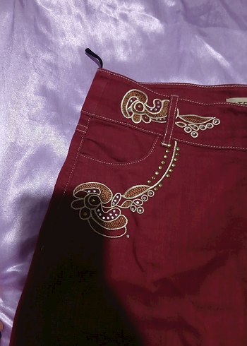 Bordo Nakışlı Bohem Kadın Keten Etek - Görsel 3