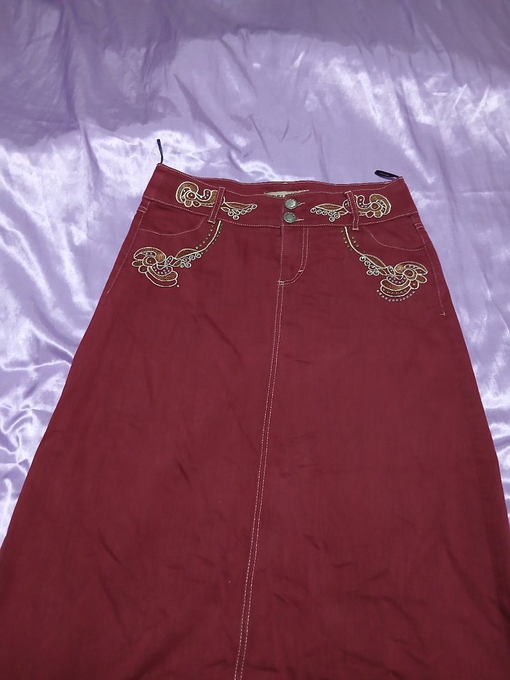 Bordo Nakışlı Bohem Kadın Keten Etek - Görsel 5