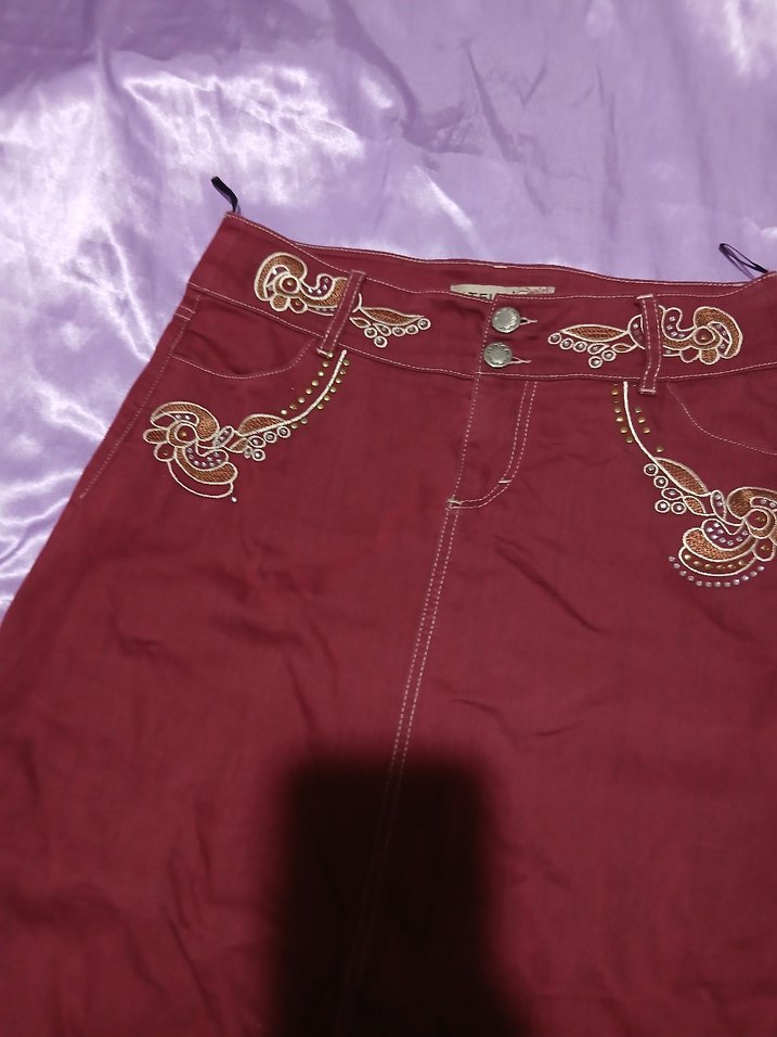 Bordo Nakışlı Bohem Kadın Keten Etek - Görsel 2