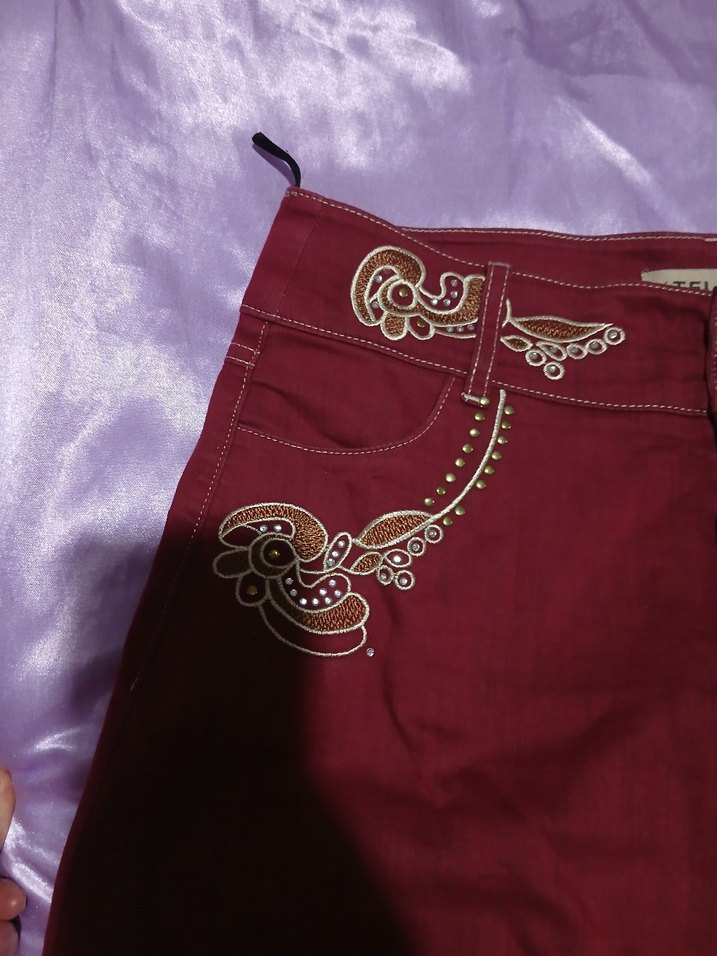 Bordo Nakışlı Bohem Kadın Keten Etek - Görsel 3