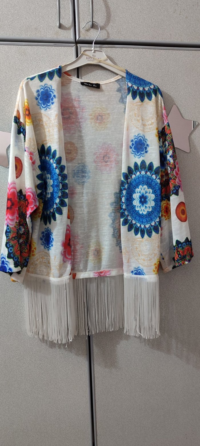 Uzun Renkli Püsküllü Bohem Kadın Kimono - Görsel 3