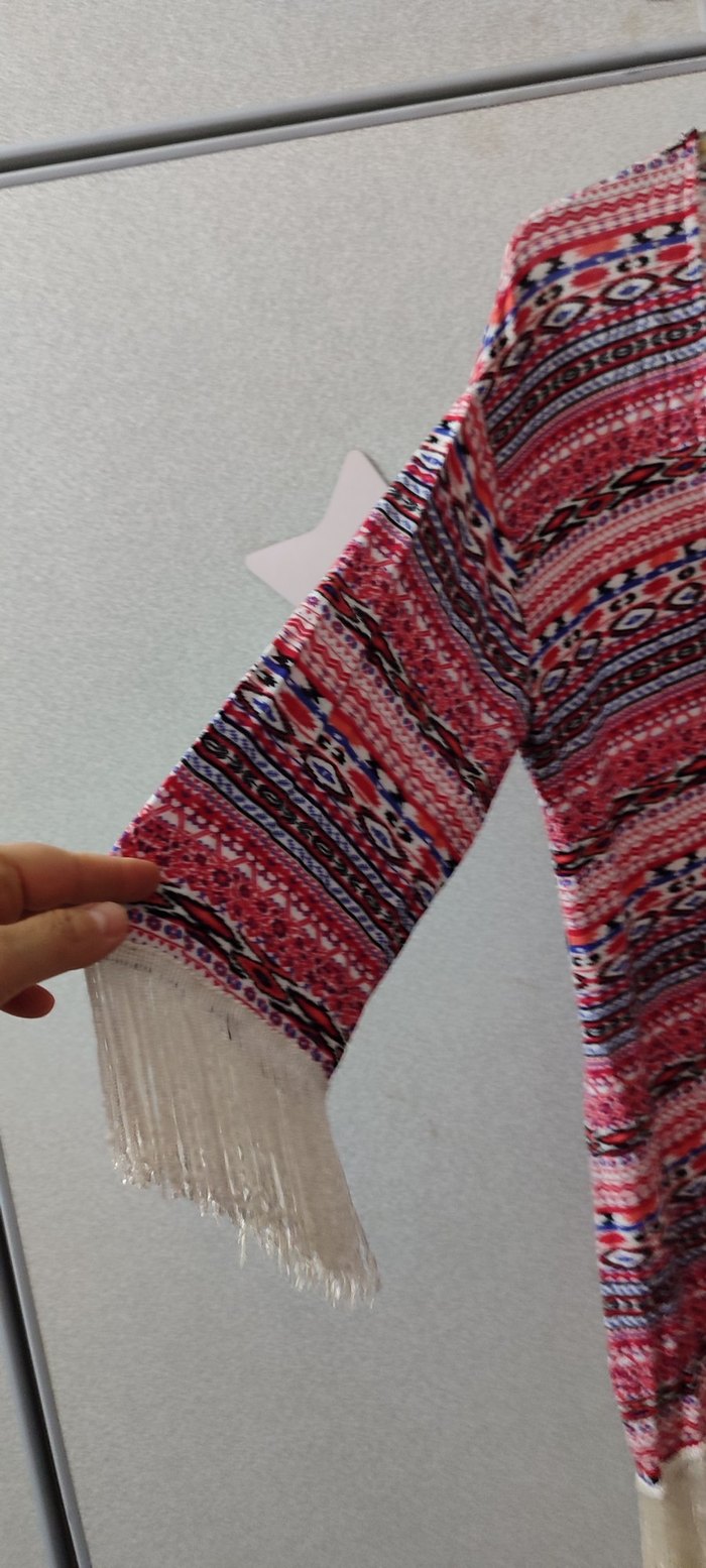 Renkli Püsküllü Uzun Bohem Kadın Kimono - Görsel 2