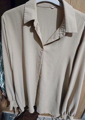 Bej Kadın Keten Gömlek Düğmeli Notch Yaka - Görsel 4