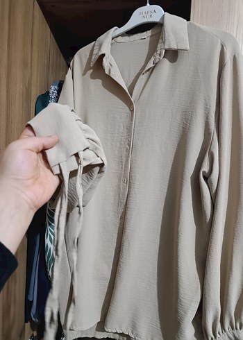 Bej Kadın Keten Gömlek Düğmeli Notch Yaka - Görsel 2