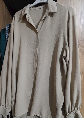 Bej Kadın Keten Gömlek Düğmeli Notch Yaka - Görsel 3