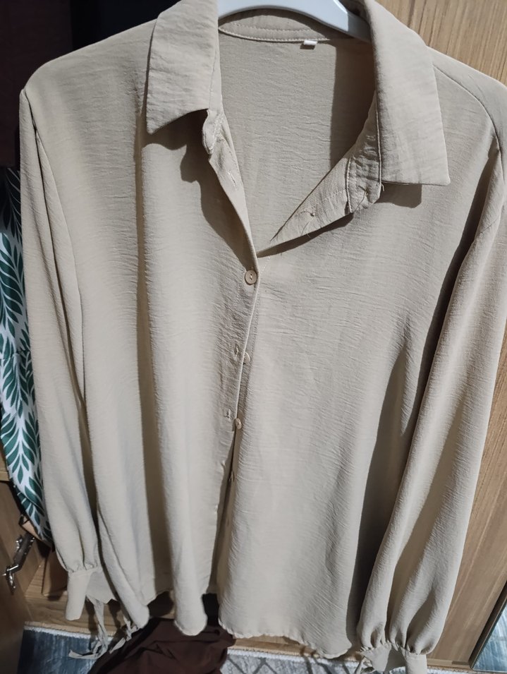 Bej Kadın Keten Gömlek Düğmeli Notch Yaka - Görsel 4