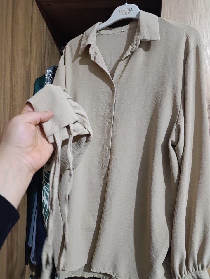 Bej Kadın Keten Gömlek Düğmeli Notch Yaka - Görsel 2