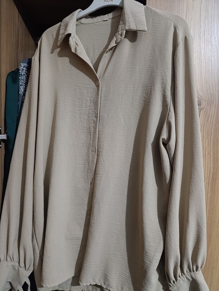 Bej Kadın Keten Gömlek Düğmeli Notch Yaka - Görsel 3