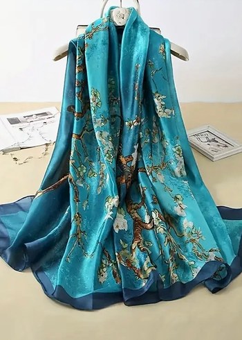 Turkuaz desenli ipek saten şal - Görsel 2