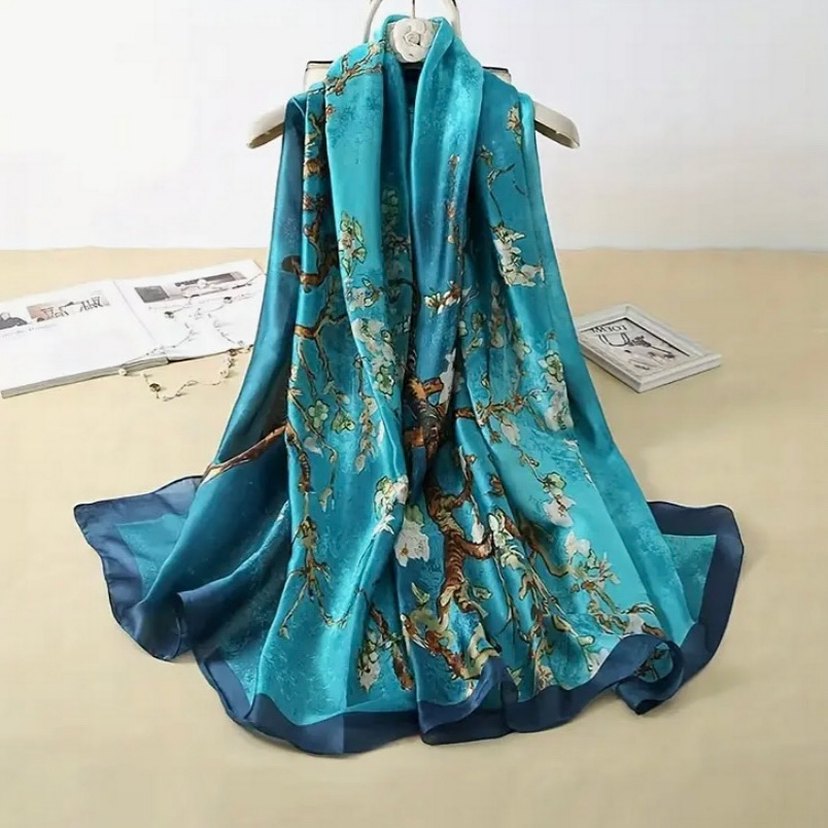 Turkuaz desenli ipek saten şal - Görsel 2