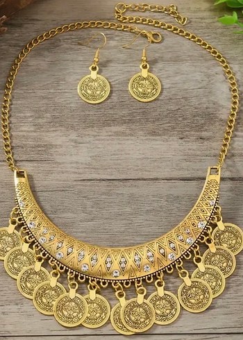 Altın Renkli Etnik Pullu Bohem Kolye Seti - Görsel 2