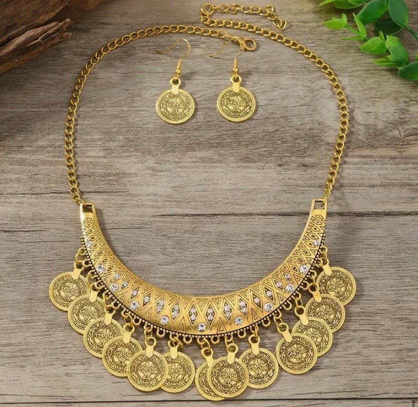 Altın Renkli Etnik Pullu Bohem Kolye Seti - Görsel 2