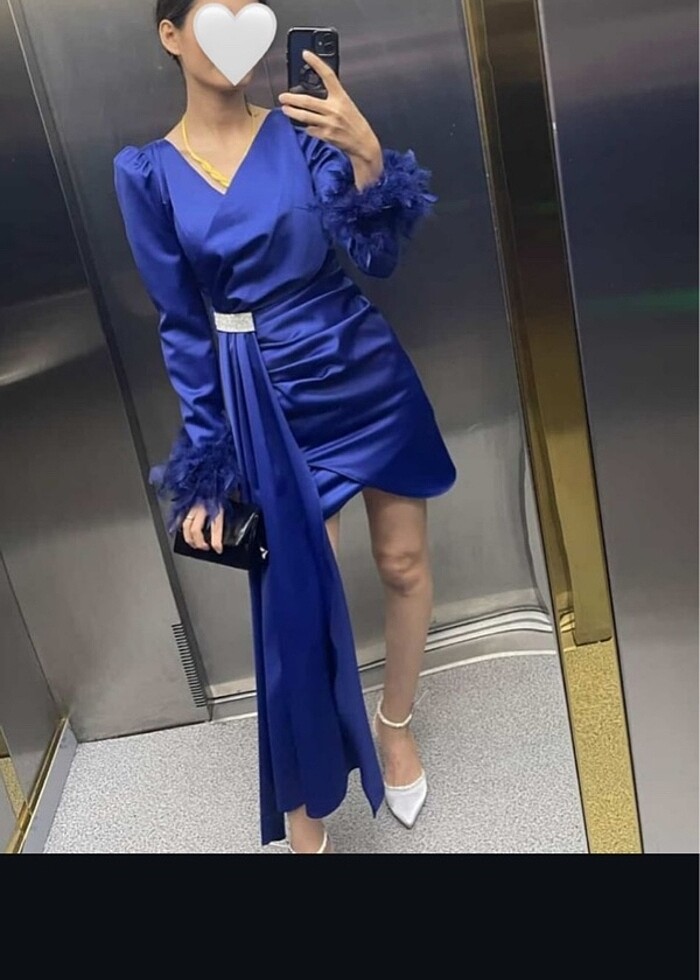 Saks mavisi kolları tüy detaylı  abiye - Görsel 2