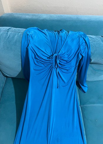 Uzun Kollu Mavi Drapeli Uzun Elbise - Görsel 2