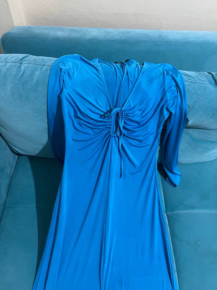 Uzun Kollu Mavi Drapeli Uzun Elbise - Görsel 2