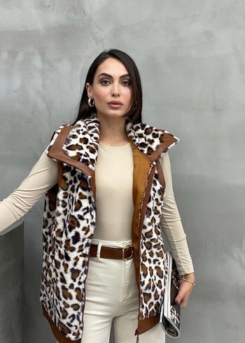 Kahverengi Leopar Desenli Kürklü Deri Yelek - Görsel 2