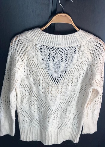 V Yaka krem Örgü yün Kadın Kazak - Görsel 3