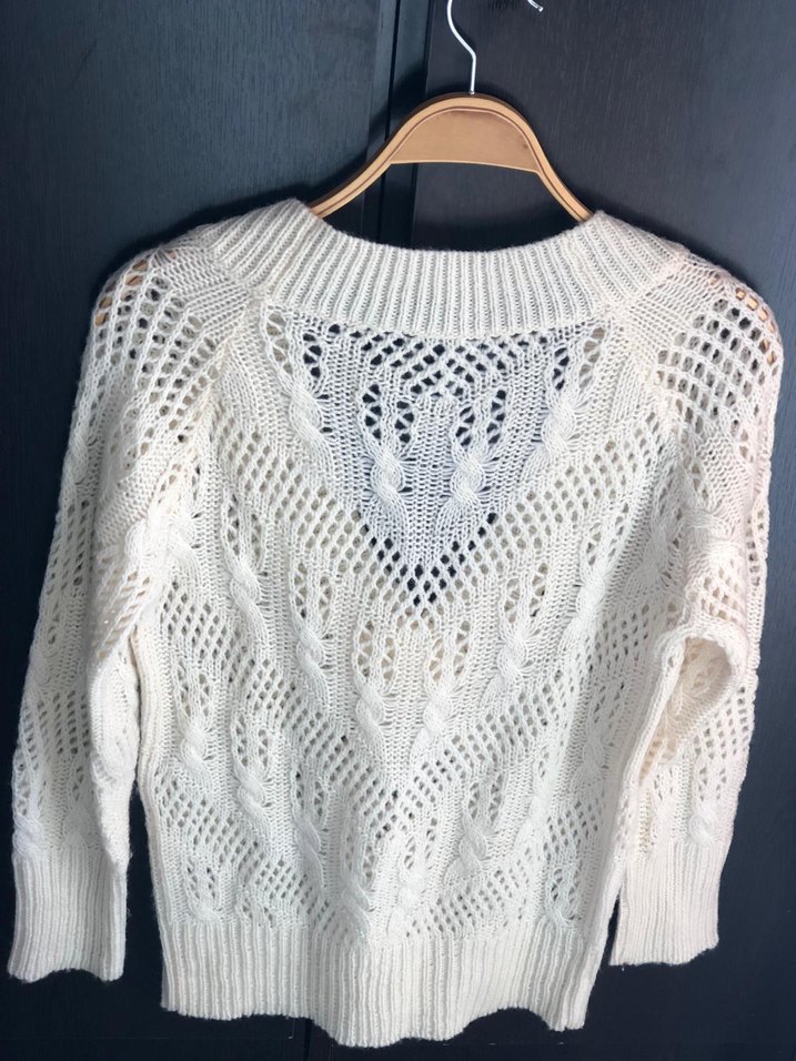 V Yaka krem Örgü yün Kadın Kazak - Görsel 3