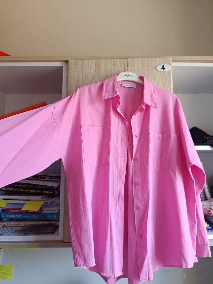 Pastel pembe uzun kollu yazlık gömlek - Görsel 3